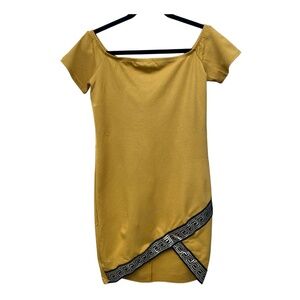 Minette off shoulder bodycon yellow mustard short sleeve dress with italianizant